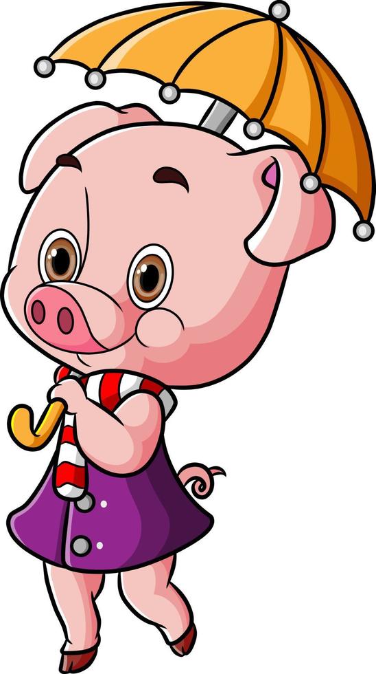 The girly pig is walking while holding an umbrella vector