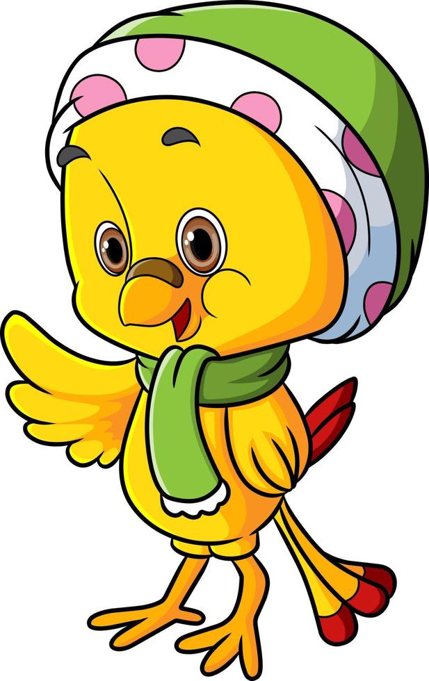 The cute bird is hand waving and wearing a beanie and scarf vector