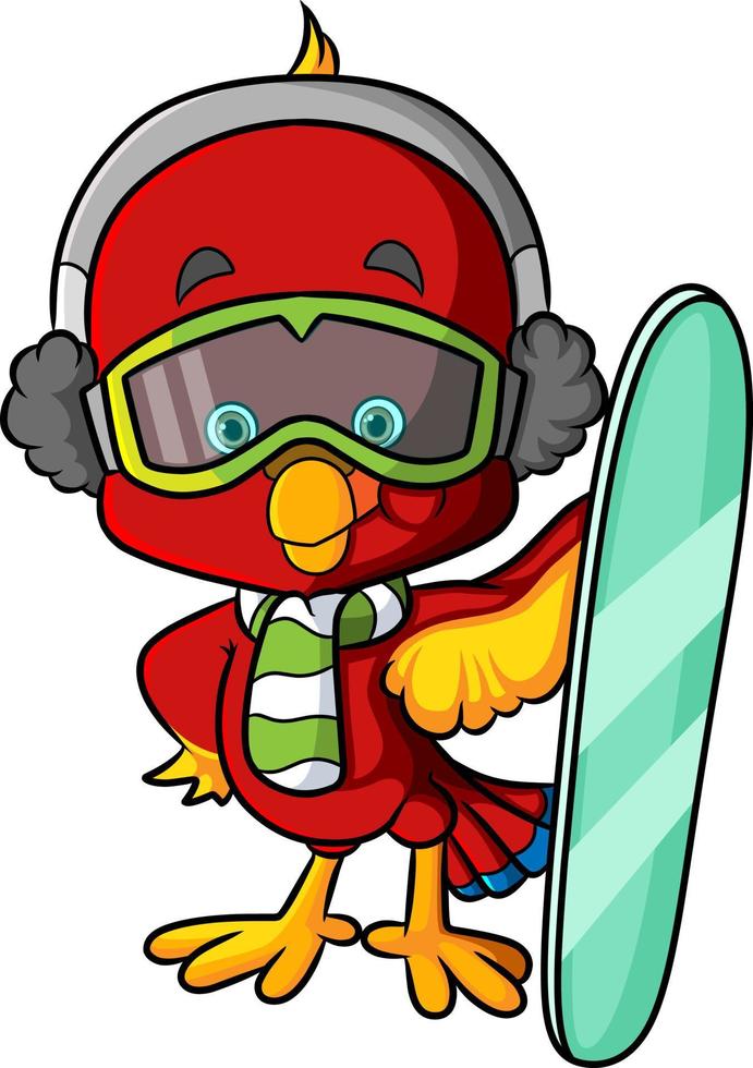 The surfer bird is ready to surfing with board and goggles vector