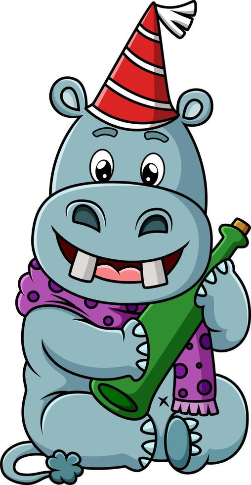 The cute hippopotamus is holding the beer bottle vector