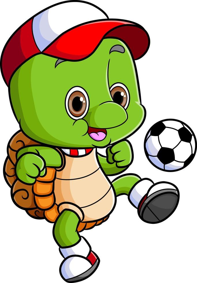 la tortuga feliz con el sombrero está jugando al fútbol vector