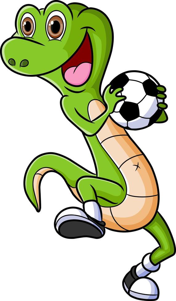 The happy lizard is holding the ball and playing the soccer vector