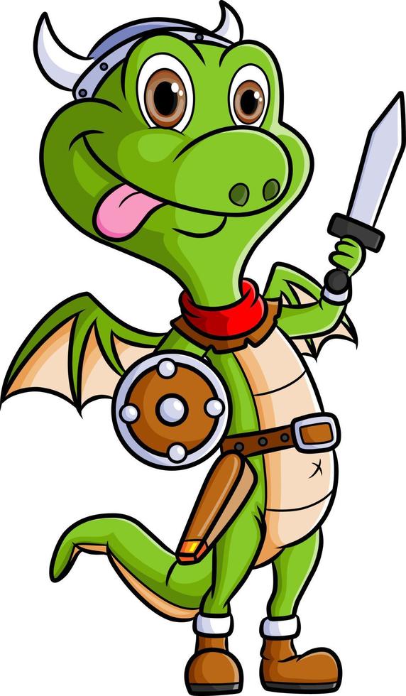 The funny dragon as the knight with the sword and shield vector