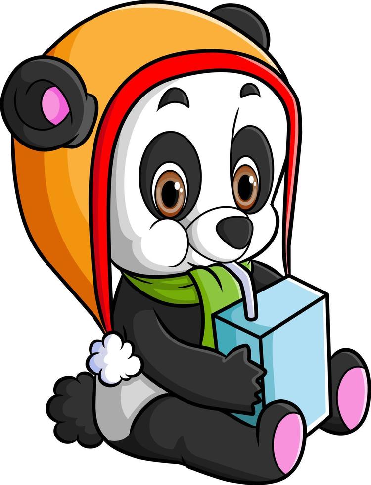 The happy panda is drinking a milk from the drinking box vector
