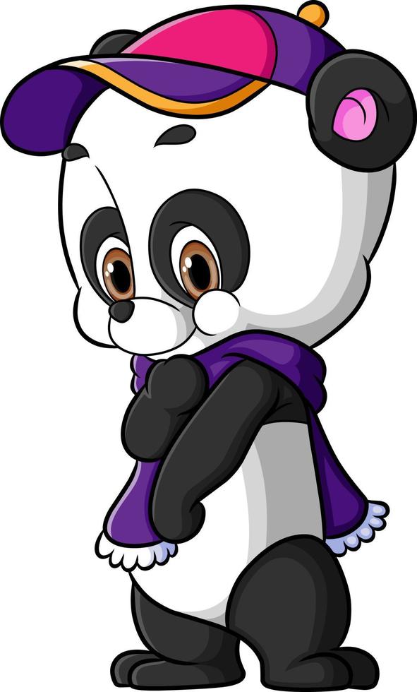 The cute panda is walking with the winter shawl vector