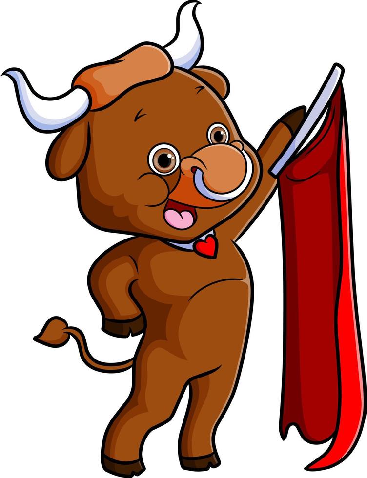 The bull is standing while holding a red flag vector