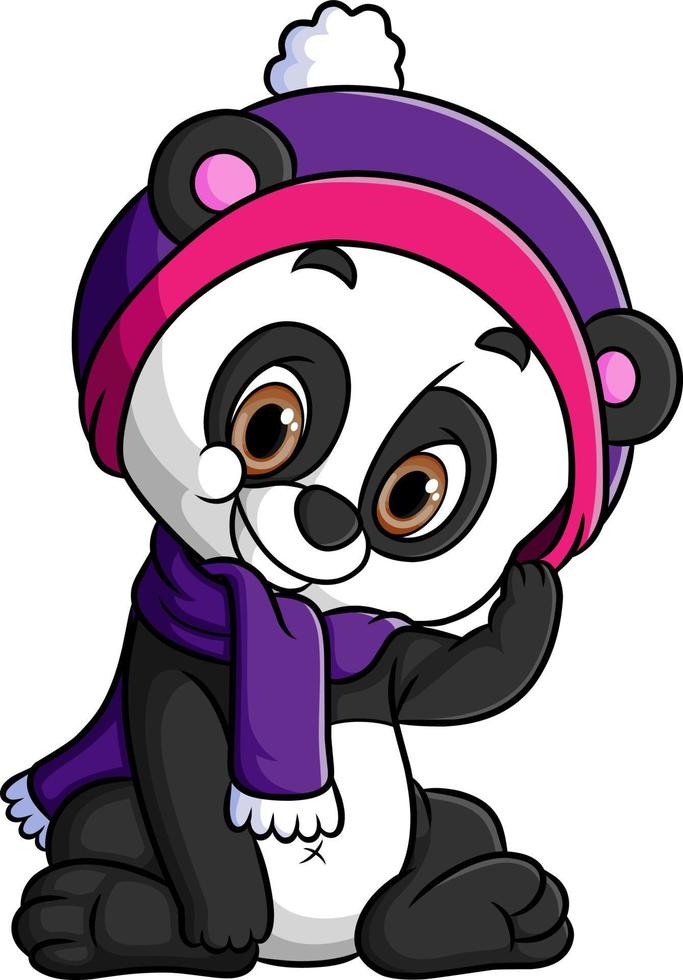 The cute panda is sitting and wearing santa hat vector