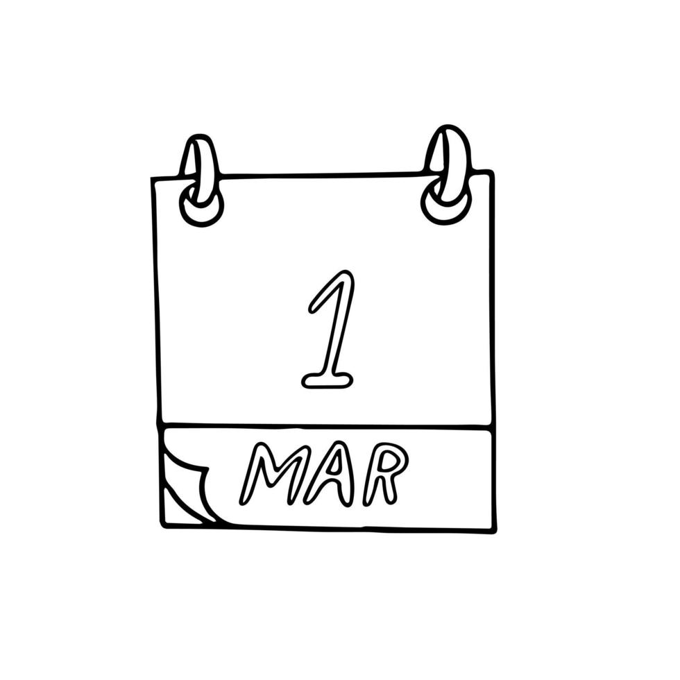 calendar hand drawn in doodle style. March 1 is the date of World Civil Defense Day, National Women of Color Day, spring cats, a forensic scientist. icon, sticker, element for design. vector