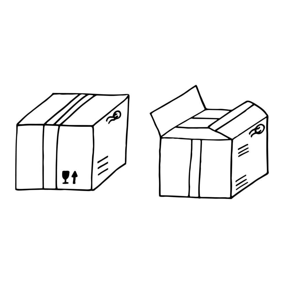 closed and open cardboard box set hand drawn in doodle style. , line art, nordic, scandinavian, minimalism, monochrome. icon, sticker. package. vector