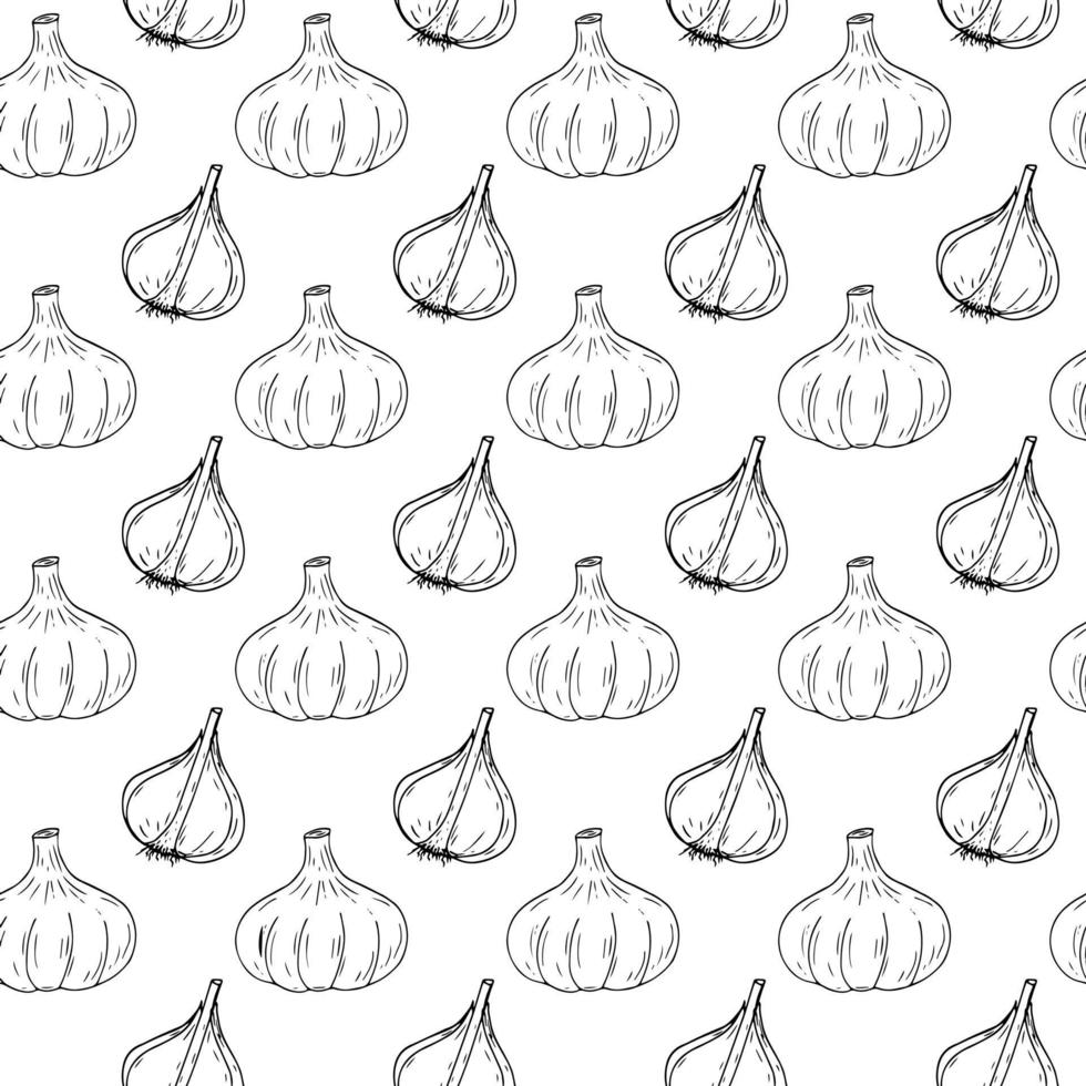 garlic seamless pattern. wrapping paper, label, menu, kitchen textiles. sketch hand drawn doodle. monochrome minimalism. food, spice. vector