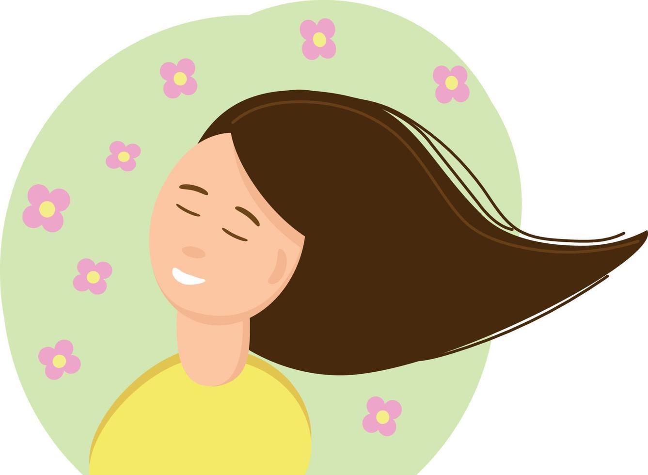 la niña sonríe, sus ojos cerrados con placer, su cabello vuela al viento. la mujer disfruta de las flores de primavera y verano. en un estilo plano. tarjeta, ilustración de cartel vector