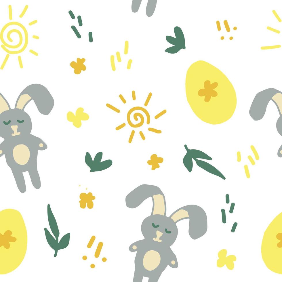 conejitos, huevos de pascua, hojas y guiones de garabatos sin costuras en color de tendencia. minimalismo dibujado a mano simple. papel pintado, textiles, papel de regalo. dorado, amarillo, verde. niño vector