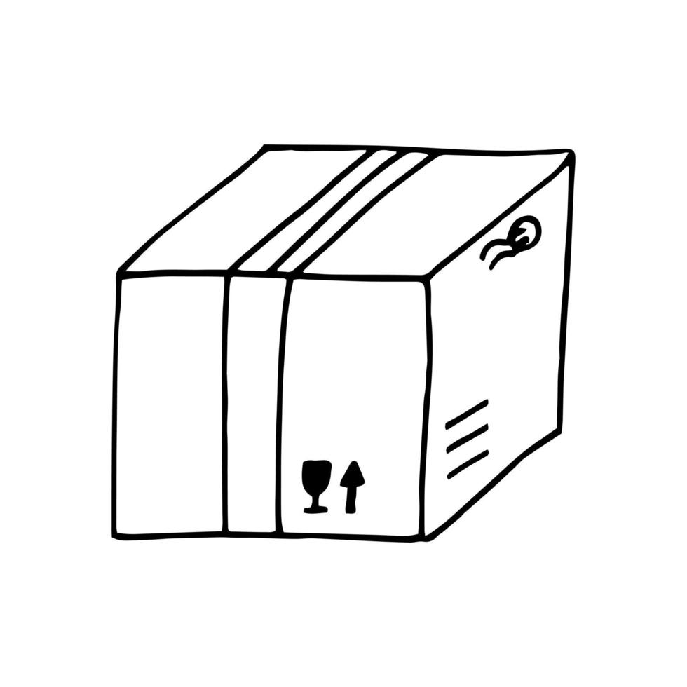 closed cardboard box hand drawn in doodle style. , line art, nordic, scandinavian, minimalism, monochrome. icon, sticker. package. vector