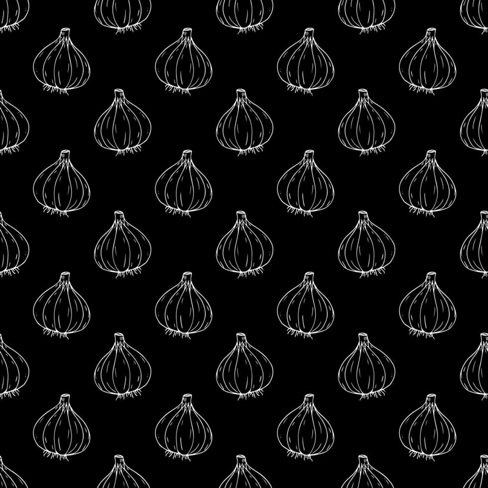 garlic seamless pattern. wrapping paper, label, menu, kitchen textiles. sketch hand drawn doodle. monochrome minimalism. food, spice. vector