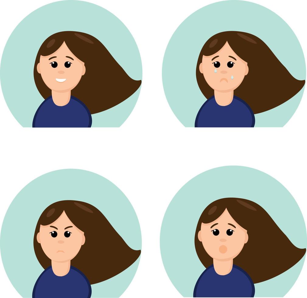 chica con diferentes emociones alegría, tristeza, dolor, sorpresa, llanto, risa en un estilo plano. gráfico. establecer elementos para la etiqueta de diseño, icono, póster, colección de avatar de mujer de tarjeta vector