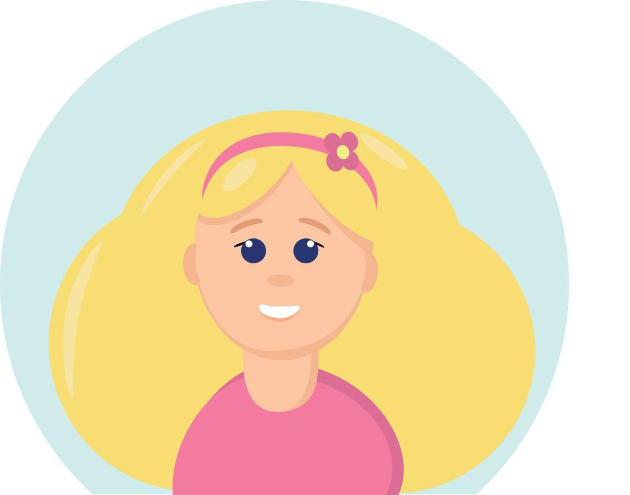 chica con el pelo largo y blanco y un borde con una flor rosa, emoción alegría, riendo en un estilo plano. gráfico. elemento para etiqueta de diseño, icono, póster, avatar de mujer de tarjeta vector