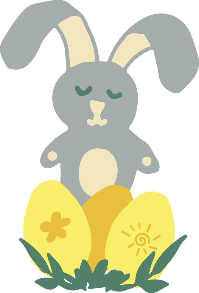 lindo conejito y huevos de pascua en color de tendencia. garabato dibujado a mano. tarjeta de plantilla, afiche, pegatina. dorado, amarillo, verde, gris. niño vector