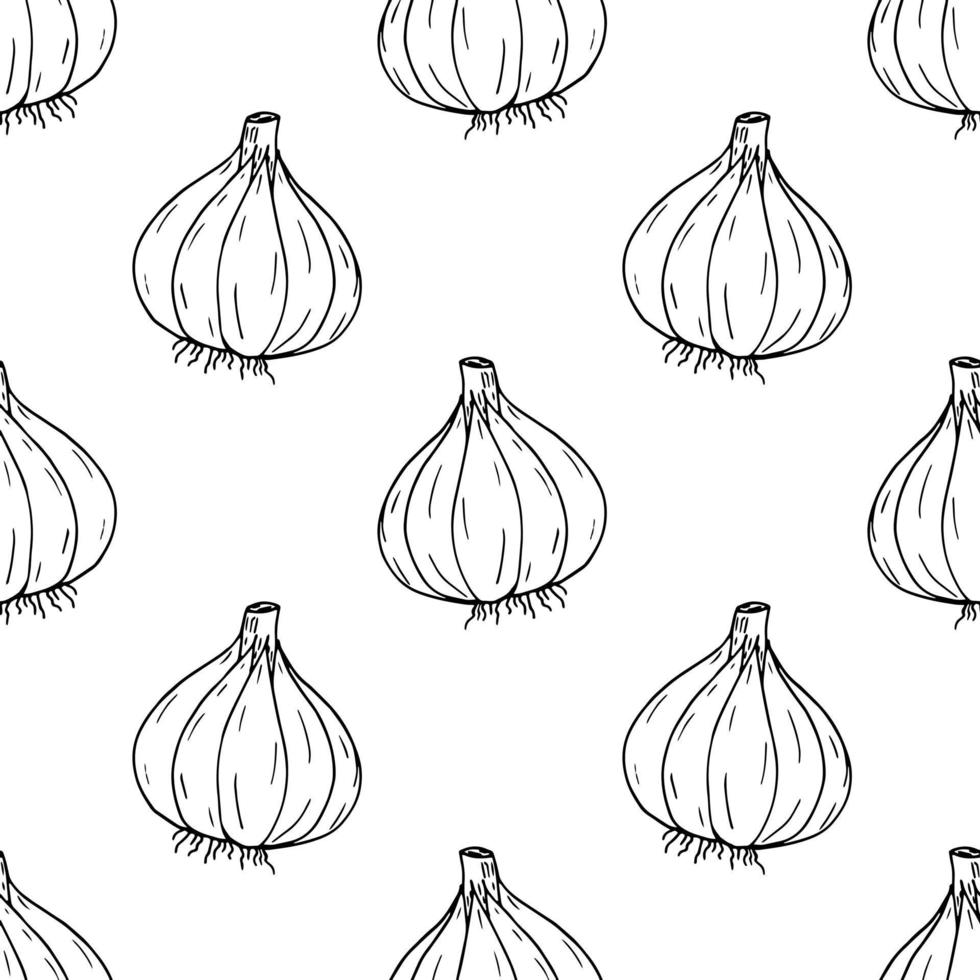 garlic seamless pattern. wrapping paper, label, menu, kitchen textiles. sketch hand drawn doodle. monochrome minimalism. food, spice. vector