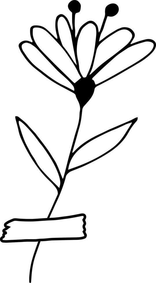 flor abstracta pegada con icono de cinta. garabato dibujado a mano. , escandinavo, nórdico, minimalismo, monocromo. planta, herbario, scrapbooking. vector