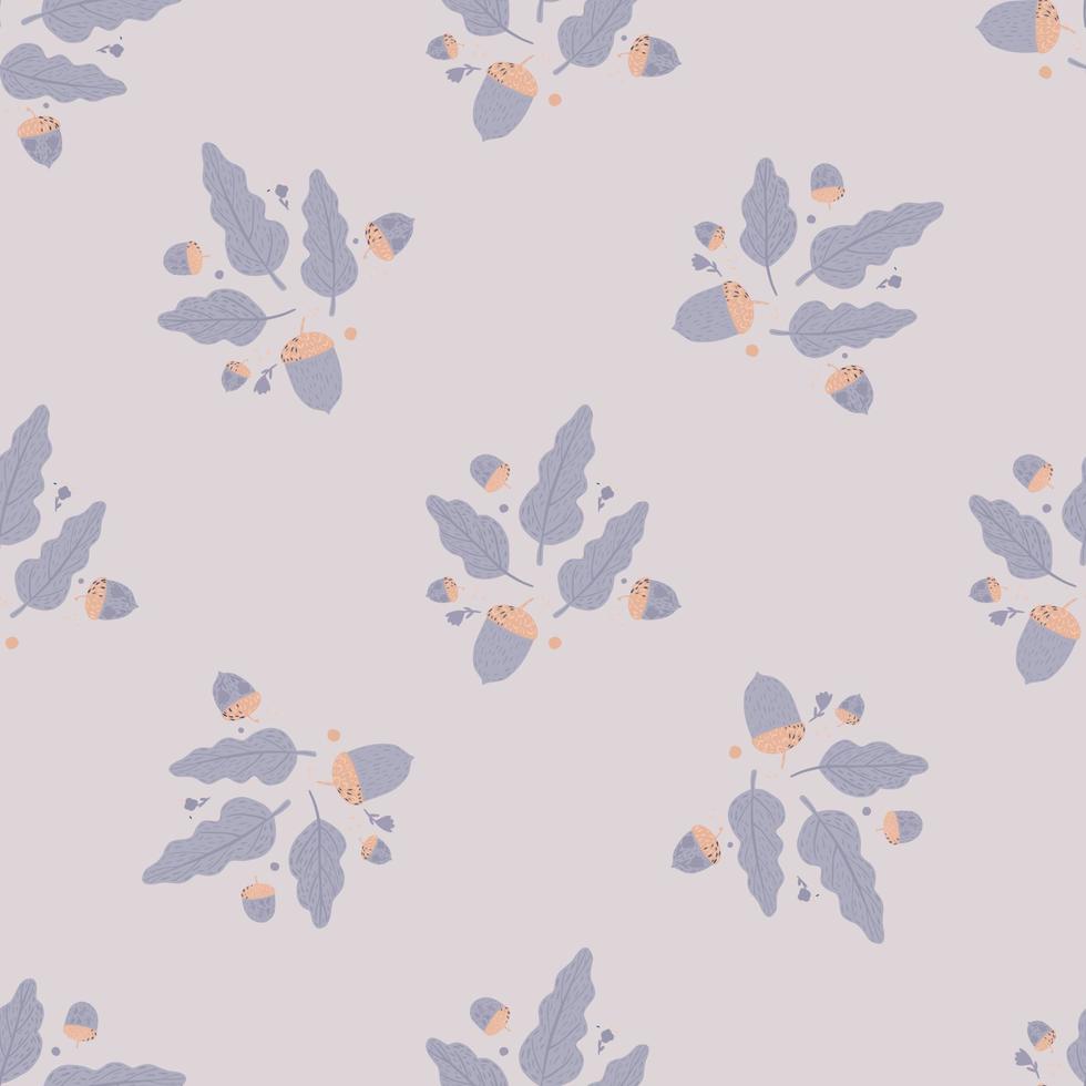 Forest seamless pale pattern with acorns and foliage from oak tree. Light lilac palette artwork. vector