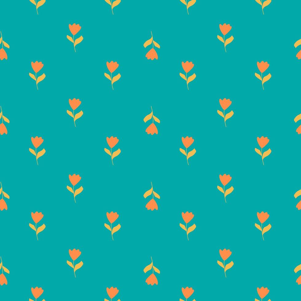 Bright seamless pattern with orange botanic tulip flowers little ornament. Blue background. Contrast style. vector