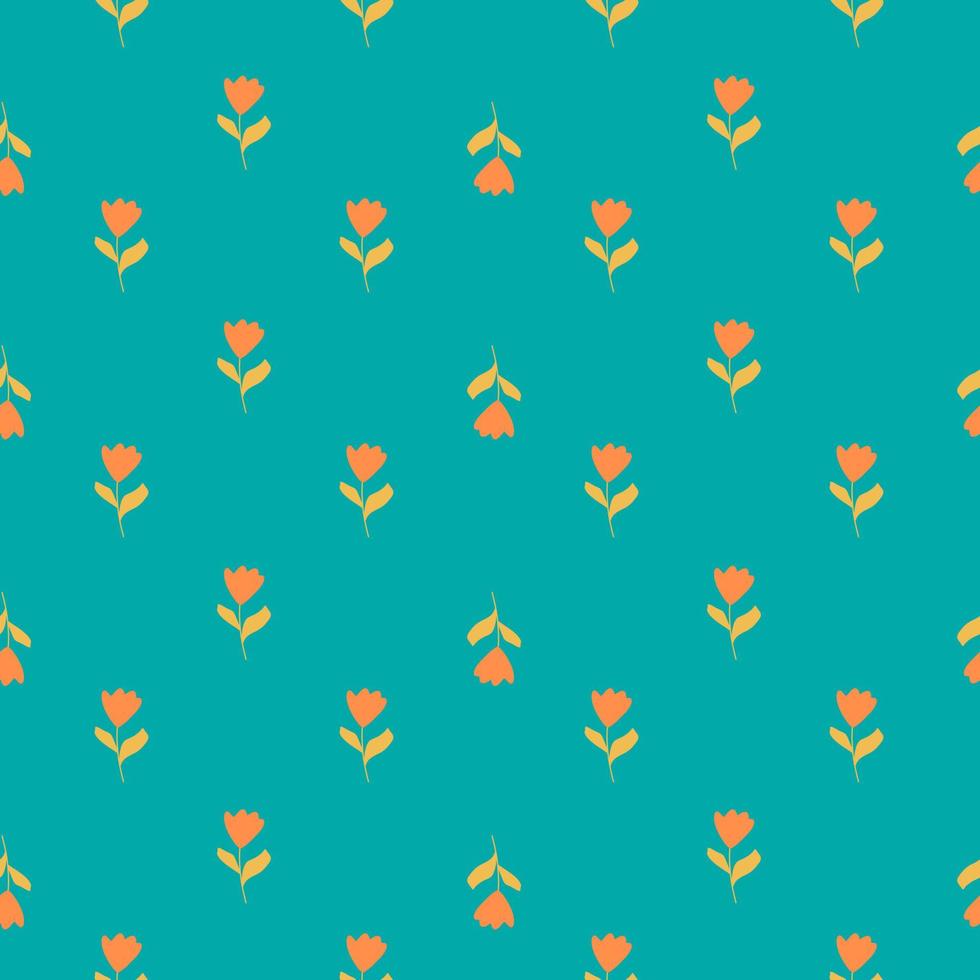 Bright seamless pattern with orange botanic tulip flowers little ornament. Blue background. Contrast style. vector
