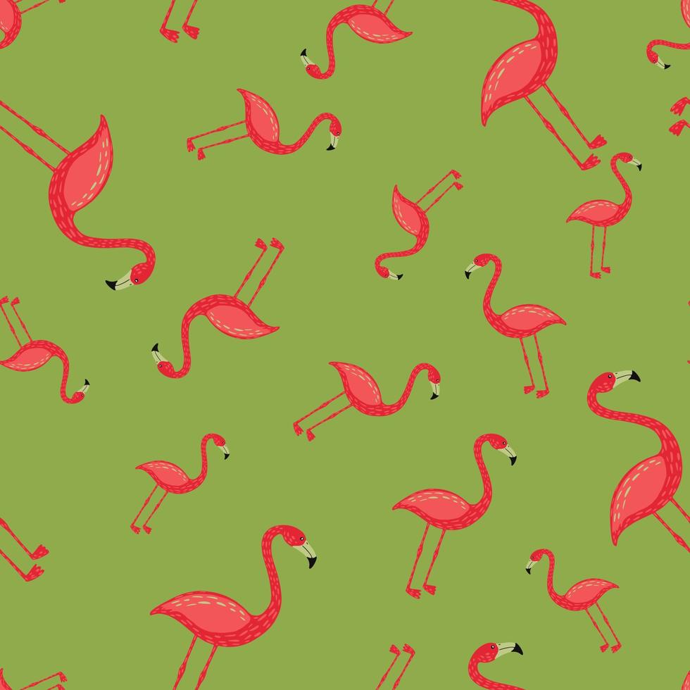 Random seamless patttern with hand drawn pink bright flamingo silhouettes. Green background. vector