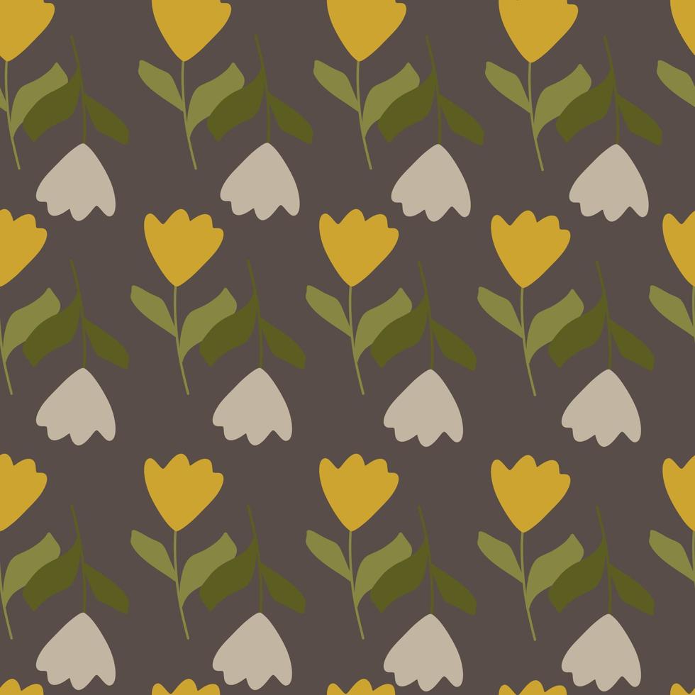 Grey and yellow simple tulip flowers seamless pattern in simple style. Dark grey background. vector