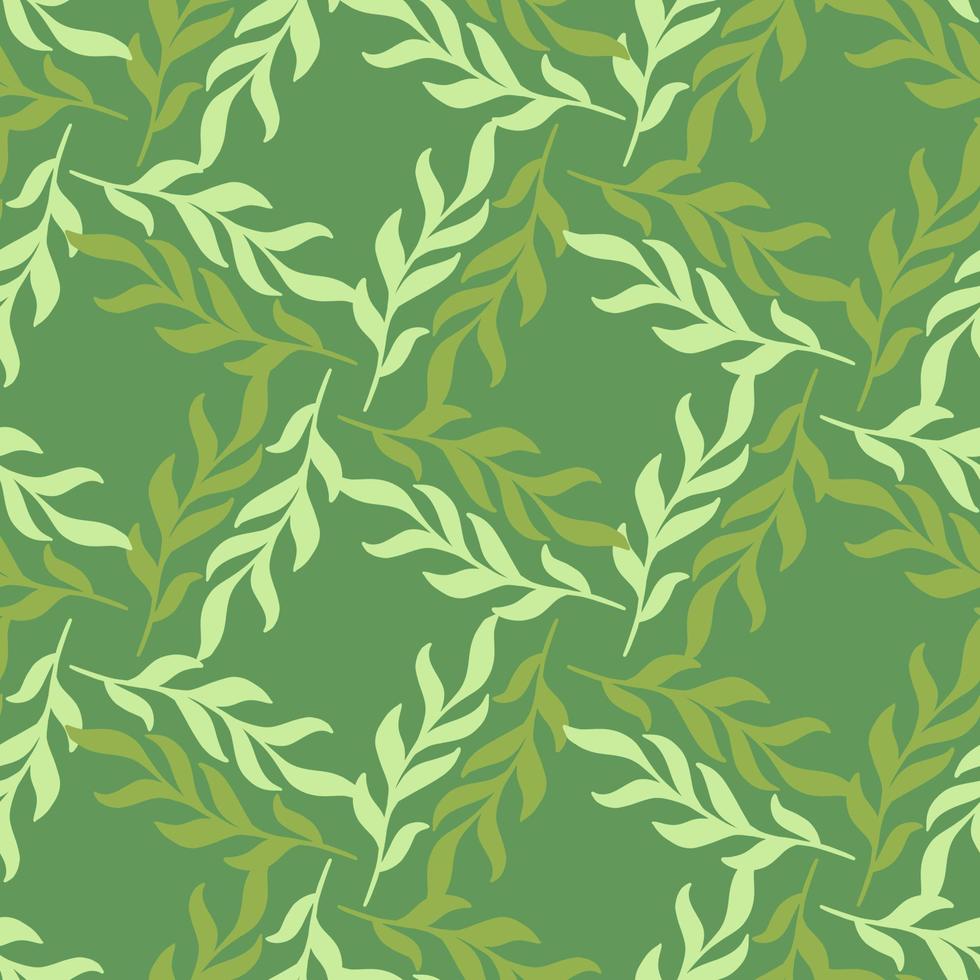 Geometric style seamless pattern with marine doodle seaweed elements print. Green background. vector