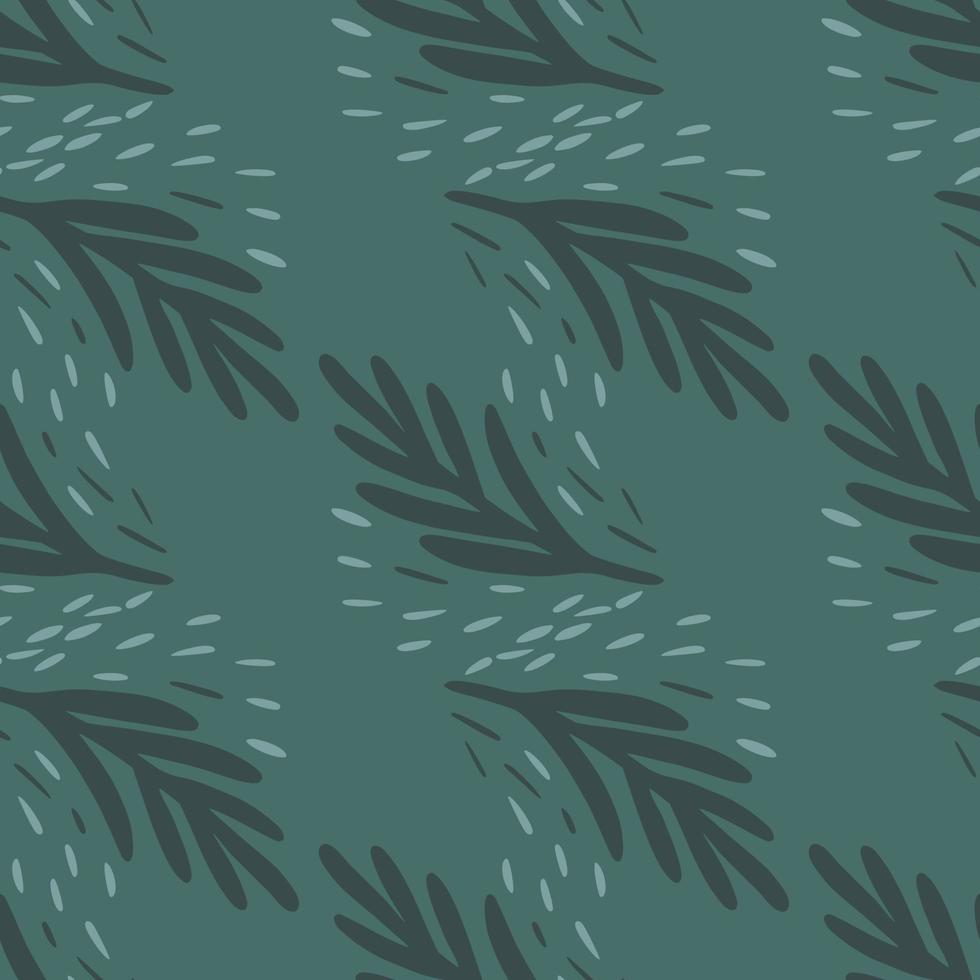 Seamless pattern fir twig on teal background. Vector geometric template in doodle style. Christmas forest texture.