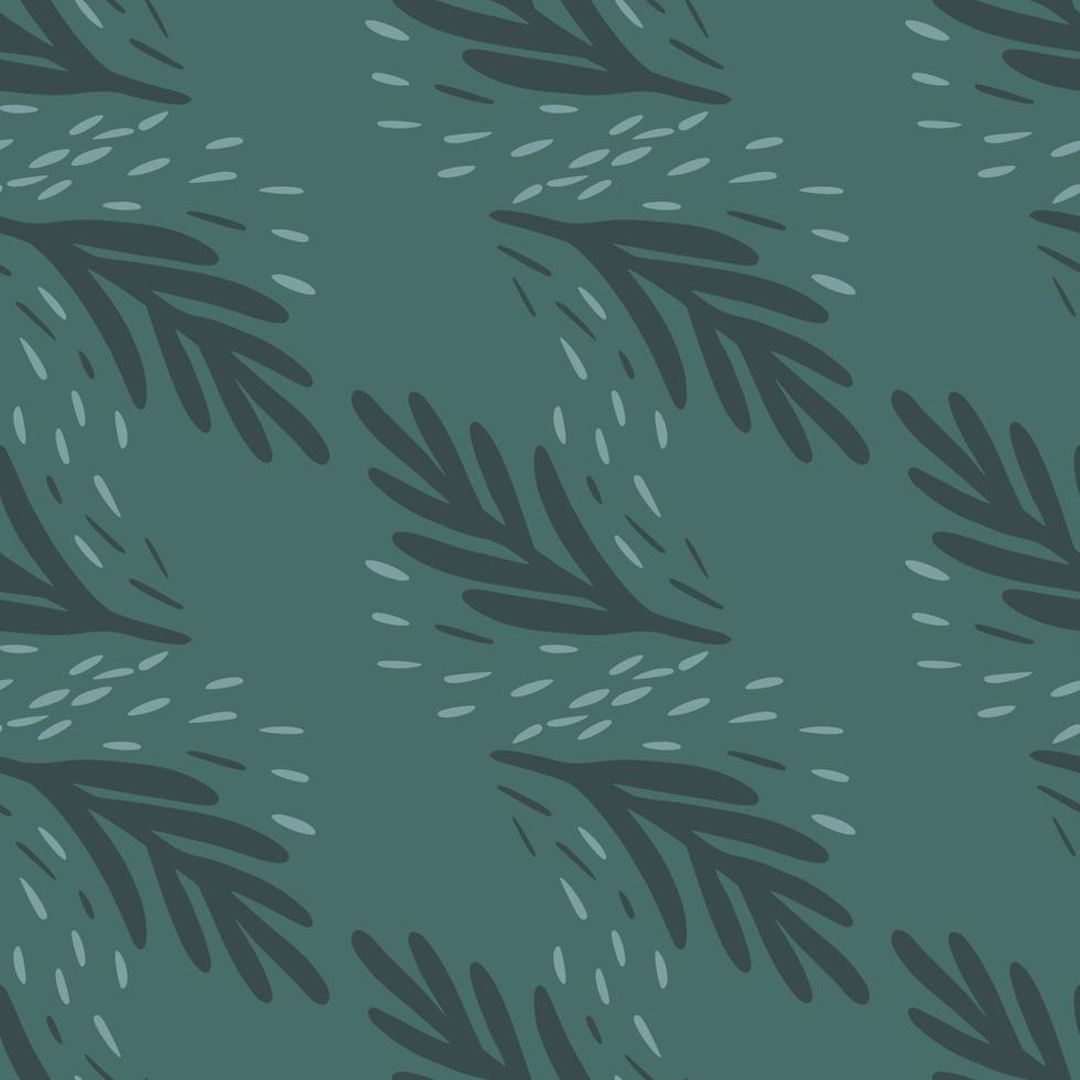 Seamless pattern fir twig on teal background. Vector geometric template in doodle style. Christmas forest texture.