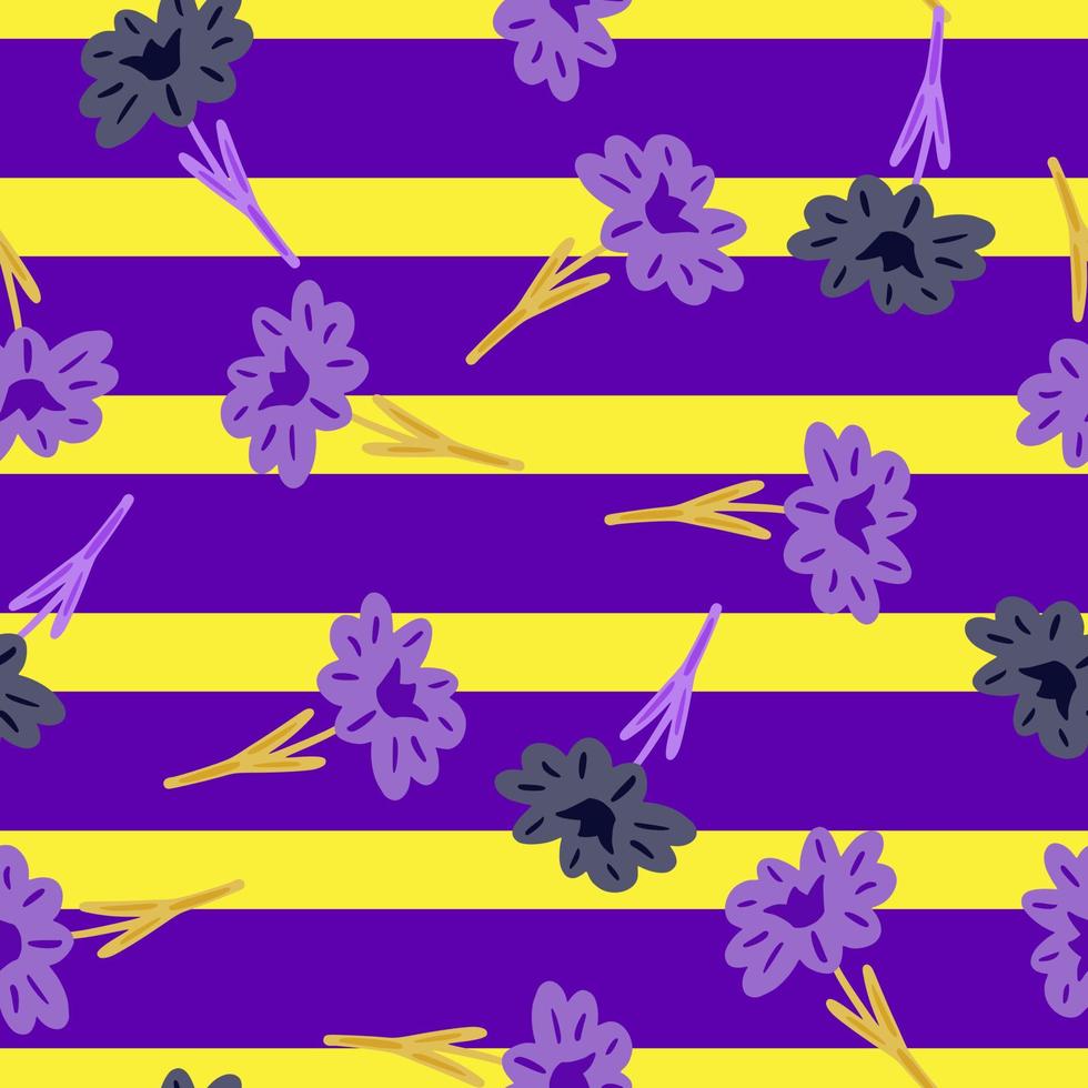 Seamless pattern with hand drawing wild flowers on yellow purple striped background. Vector floral template in doodle style. Gentle summer botanical texture.