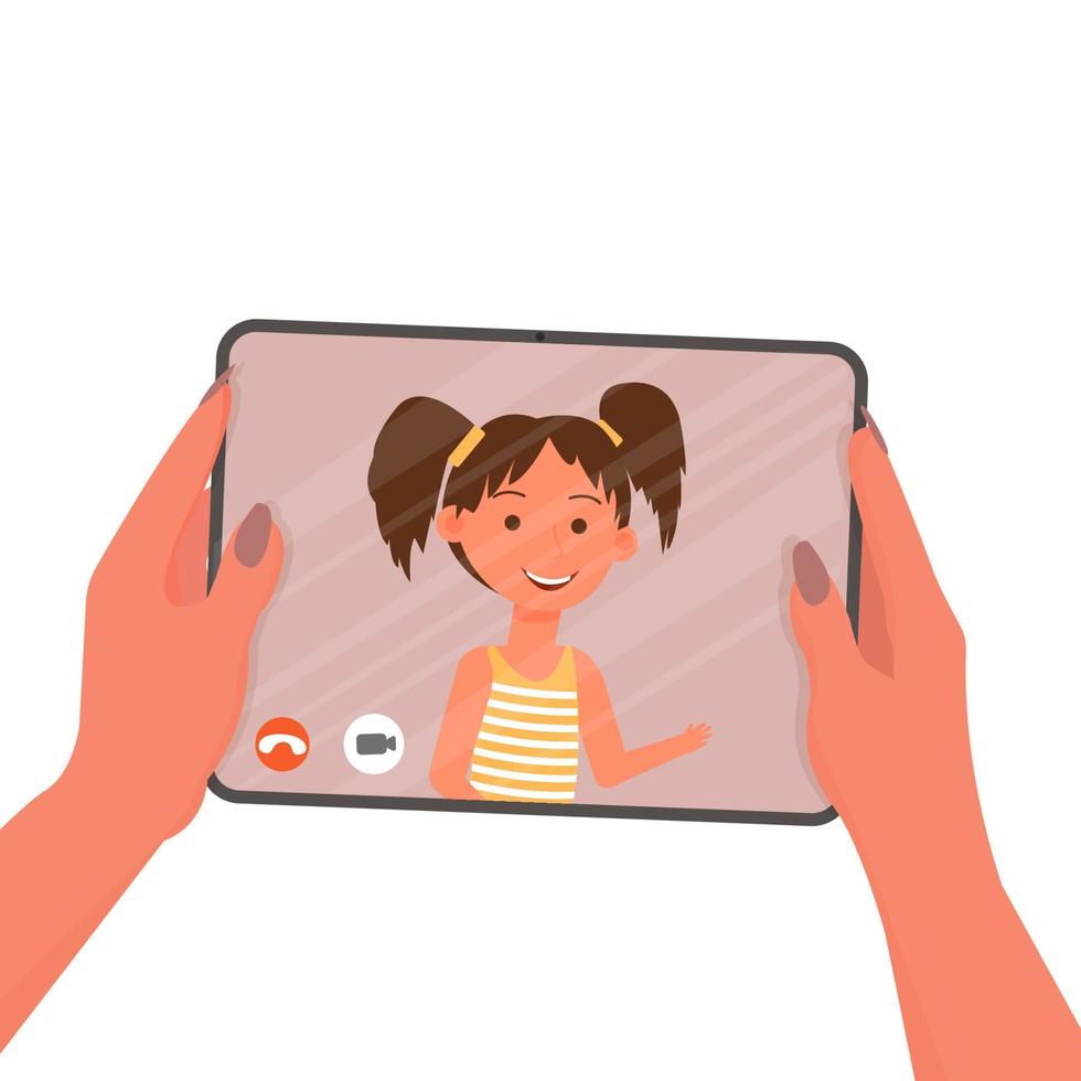 manos de mujer sosteniendo tableta. videollamada con una niña aislada de fondo blanco. ciberespacio, concepto familiar en estilo plano. ilustración vectorial vector