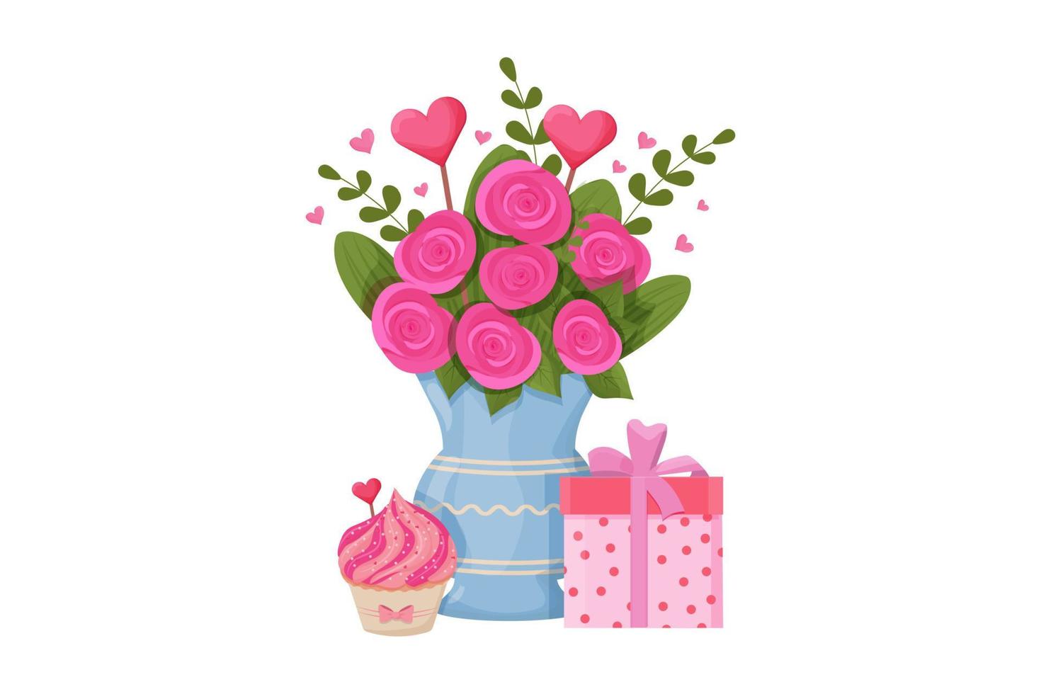 ramo de rosas en florero con hojas y corazones. amor, decoración romántica o de San Valentín aislada en la ilustración de vector de stock de fondo blanco. ilustración vectorial
