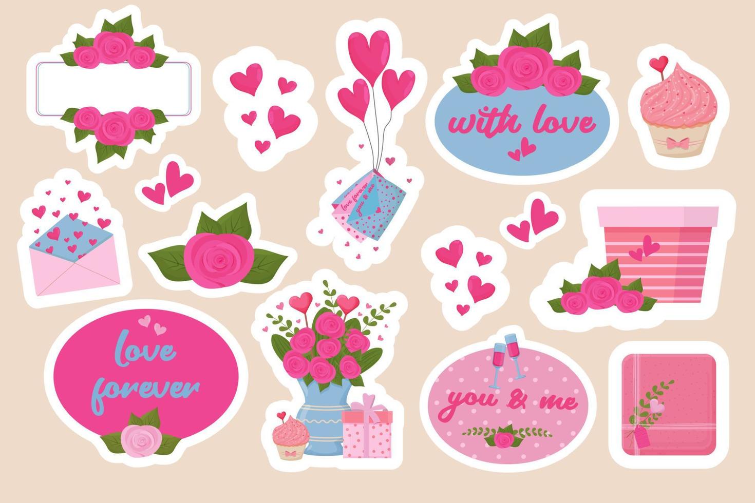 Romantic stickers set with frames, pink roses, gifts, love letter and cupcake in cute cartoon style isolated on white background. . Vector illustration