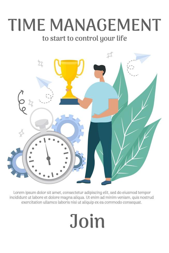 Banner with text Time management, man standing and holding gold cup near stopwatch. Personal productivity, effective growth, winner concept in flat style vector