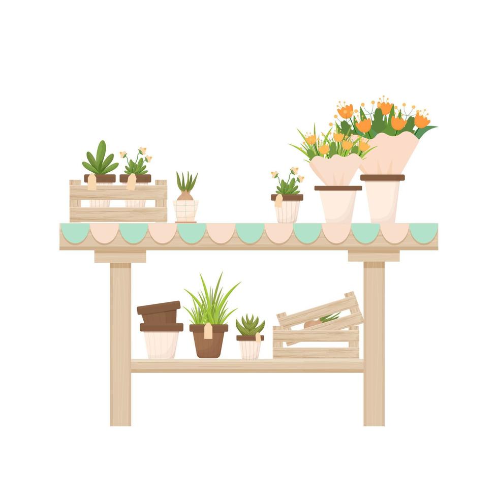Wooden table with potted plants, flowers, florist shop, orangery decoration in cartoon style isolated on white background. Gardening, seeding element, advertising composition. Furniture for interior vector