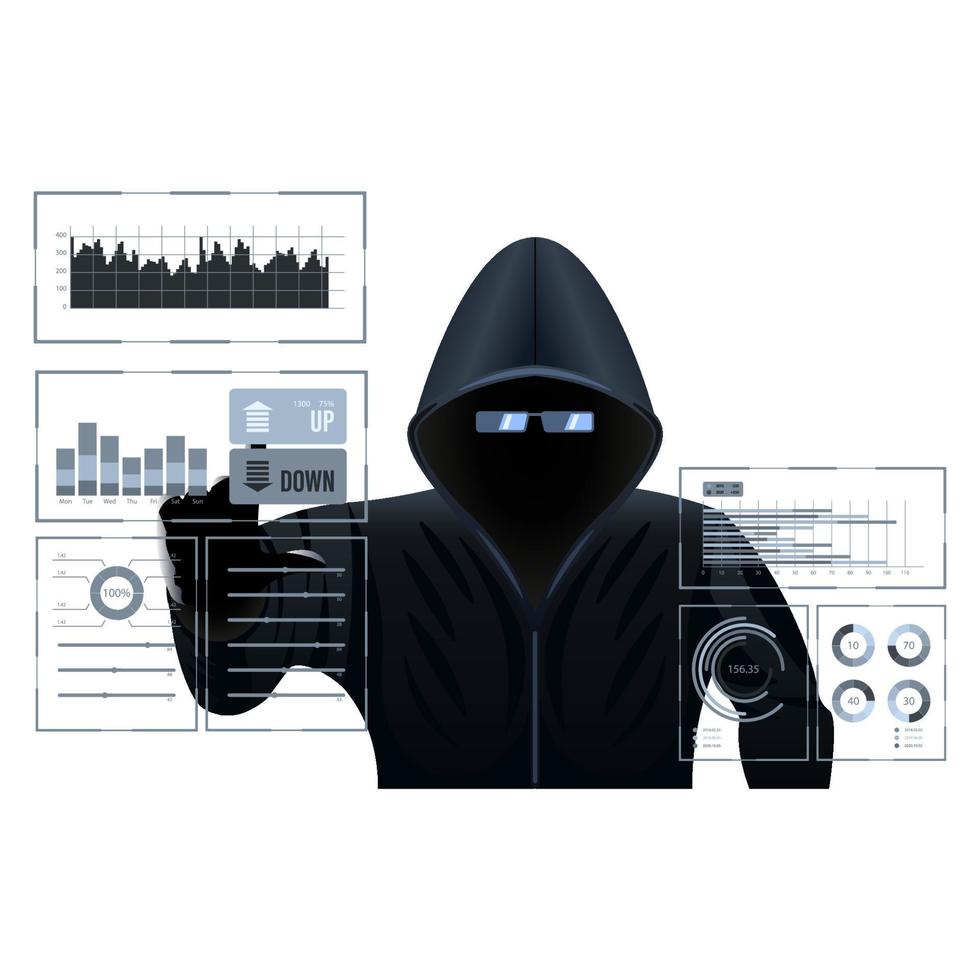 virtual infographic screen hooded man cartoon isolated white background vector