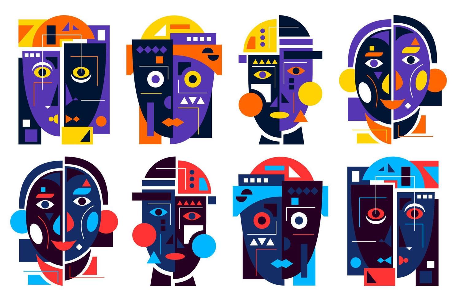 set human faces of abstract geometric elements vector