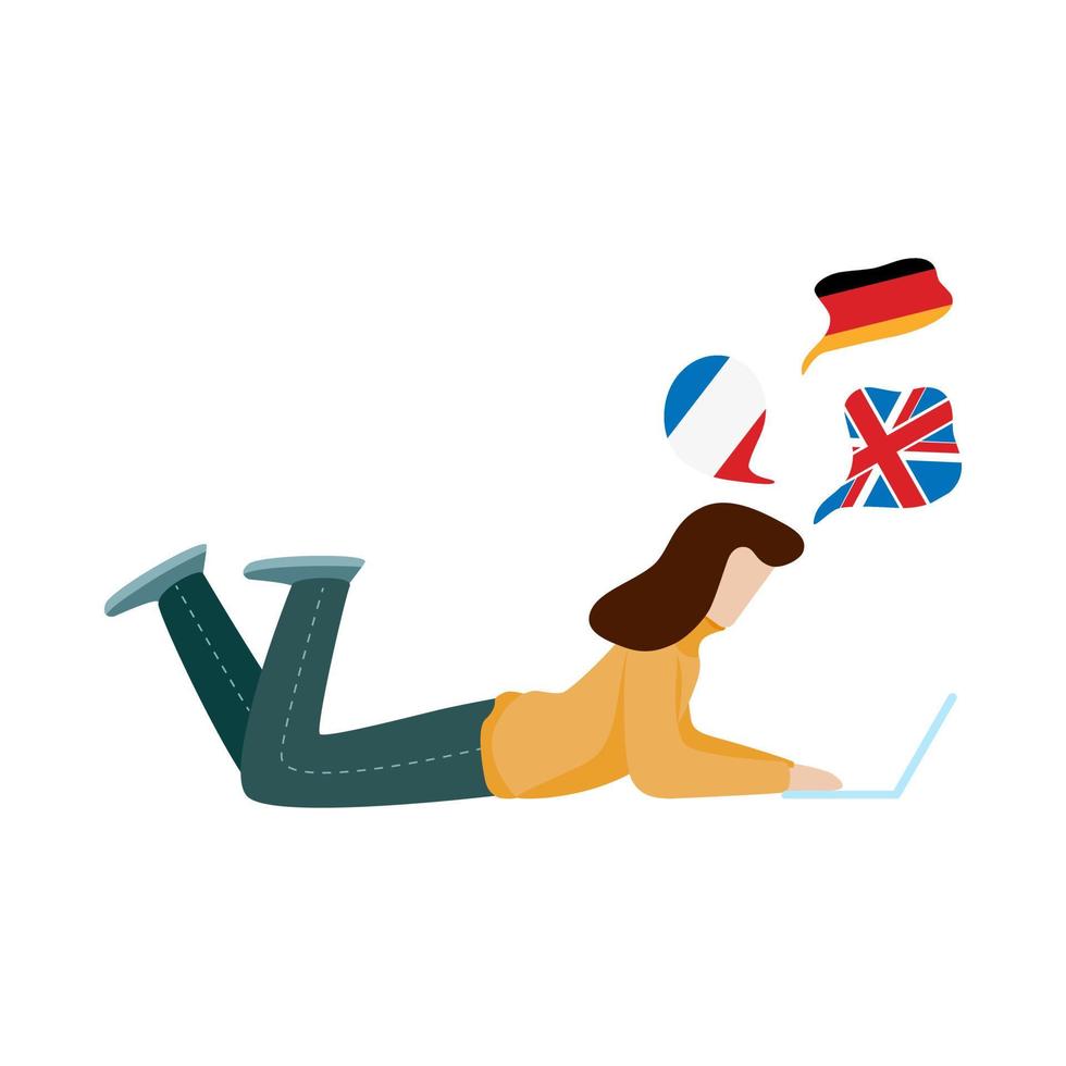 online learning foreign languages. woman lies with a computer. Speech bubble. Flat vector illustration