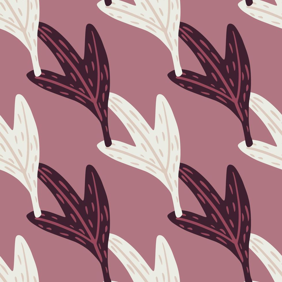 Minimalistic sartoon seamless pattern with maroon and white contoured leaf ornament. Pink pale background. vector