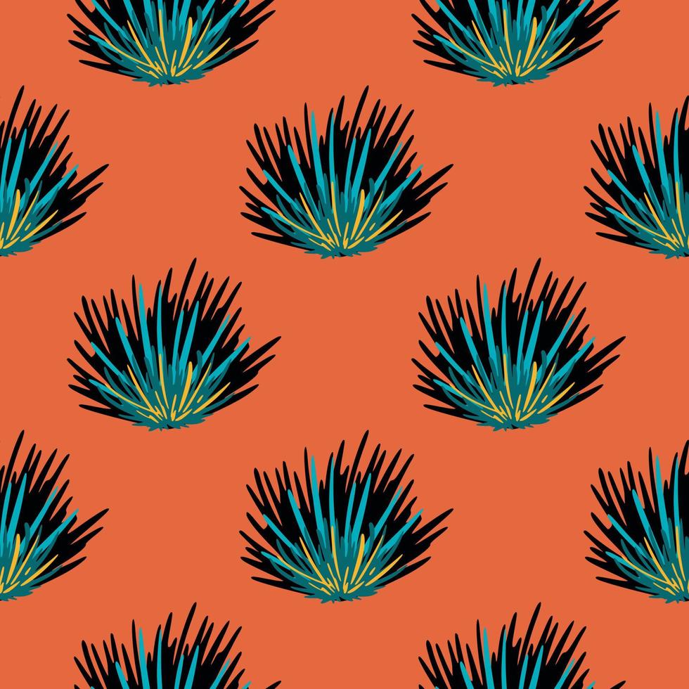 Seamless doodle bright pattern with bush silhouettes. Green foliage hand drawn ornament on orange background. vector