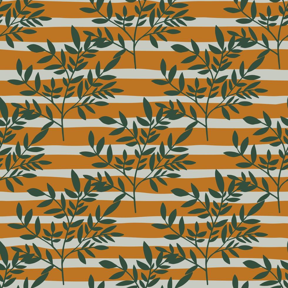 Green leaves silhouette seamless pattern on stripe. Tree branches wallpaper. Nature background. Decorative twigs. vector