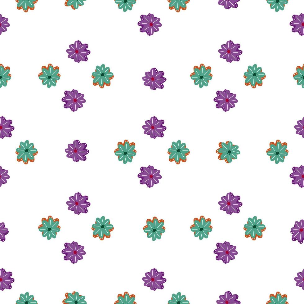 Geometric style seamless pattern with blue and purple marguerite flowers shapes. White background. vector