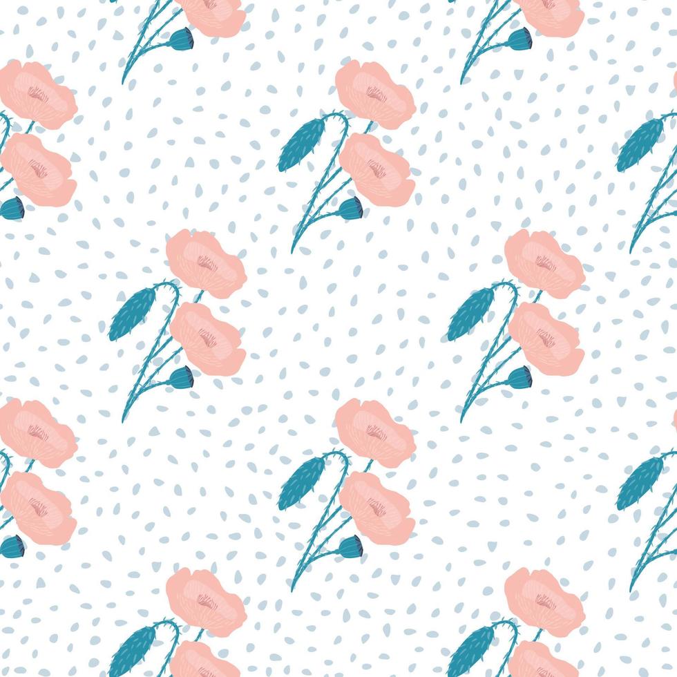 Tender seamless pattern with poppy flowers ornament. Pink light color elements on white background with dots. vector