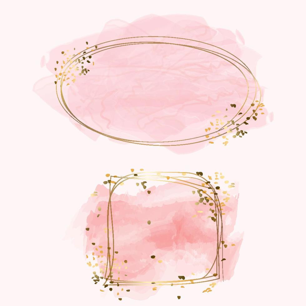 Pastel rose and pink brush strokes and gold flower lines. Gold contour frame. vector