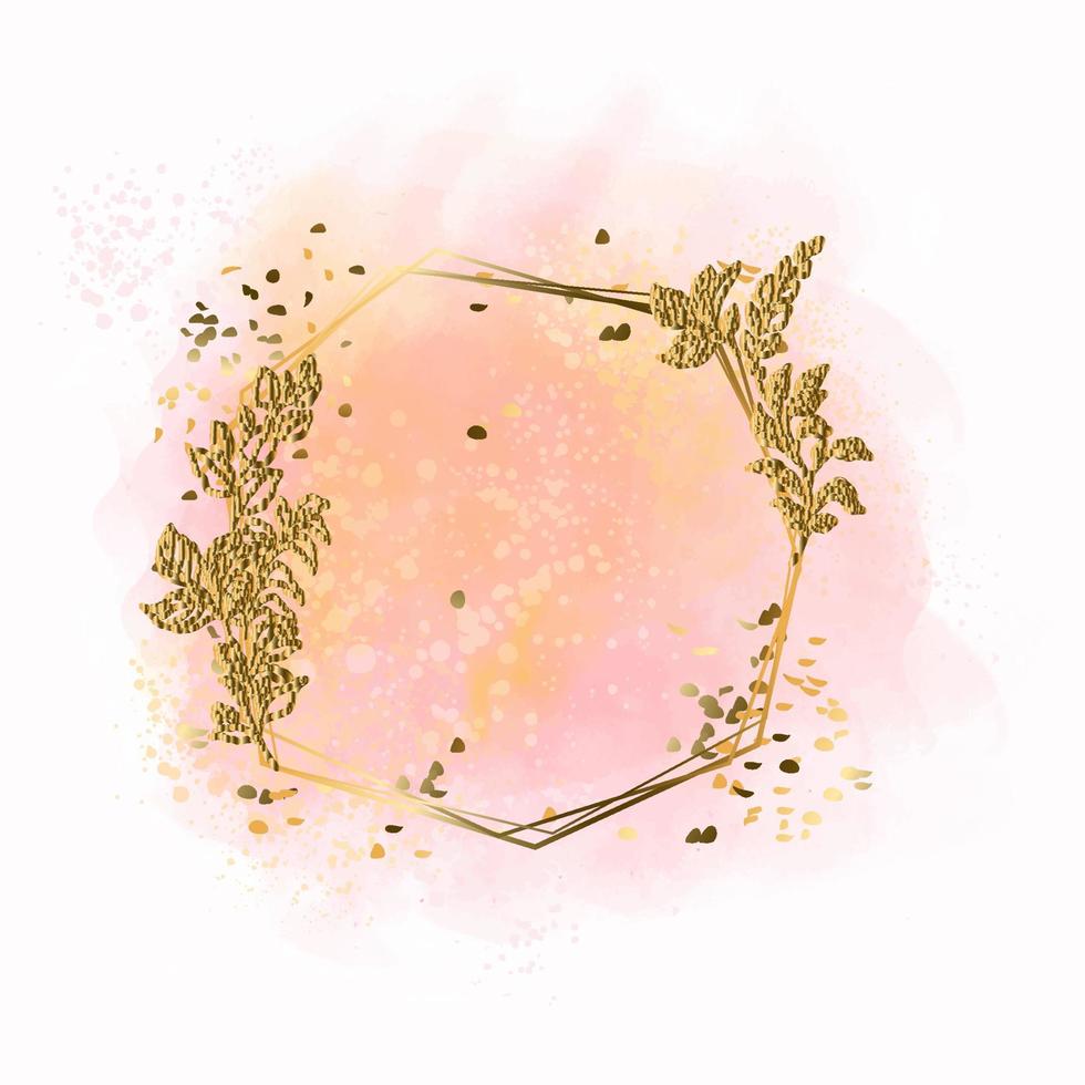 Pastel rose and pink brush strokes and gold flower lines. Gold contour frame. vector