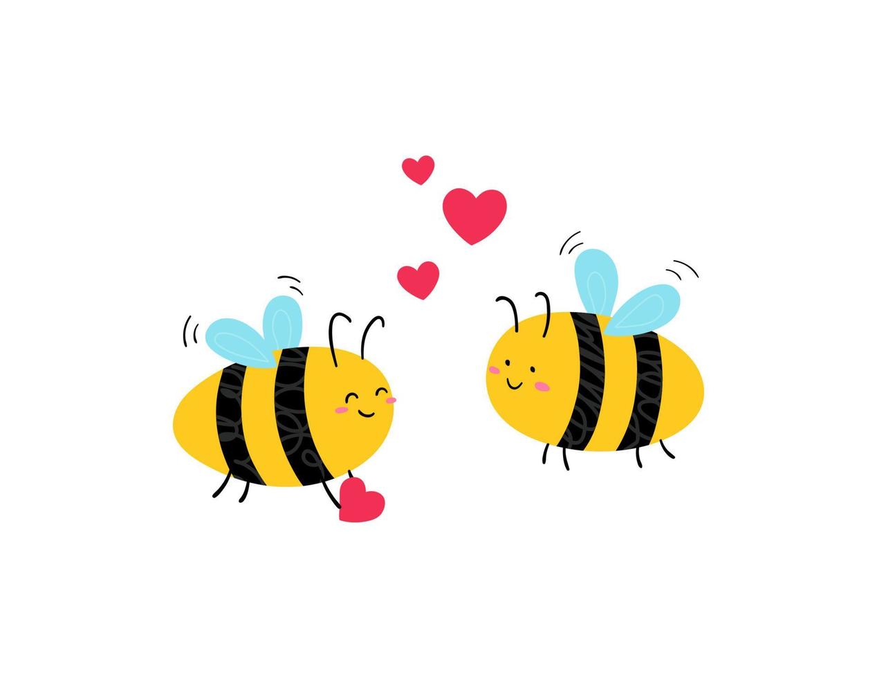 graciosas abejas lindas dibujadas a mano con corazones. concepto de día de san valentín. ideal para tazas, tarjetas de felicitación y camisetas. ilustración vectorial vector