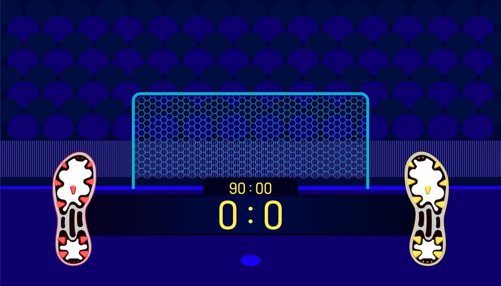 The bar shows the score and time of each team. with both studs in different colors In the background are the gates and the seats of the supporters. vector illustration eps10