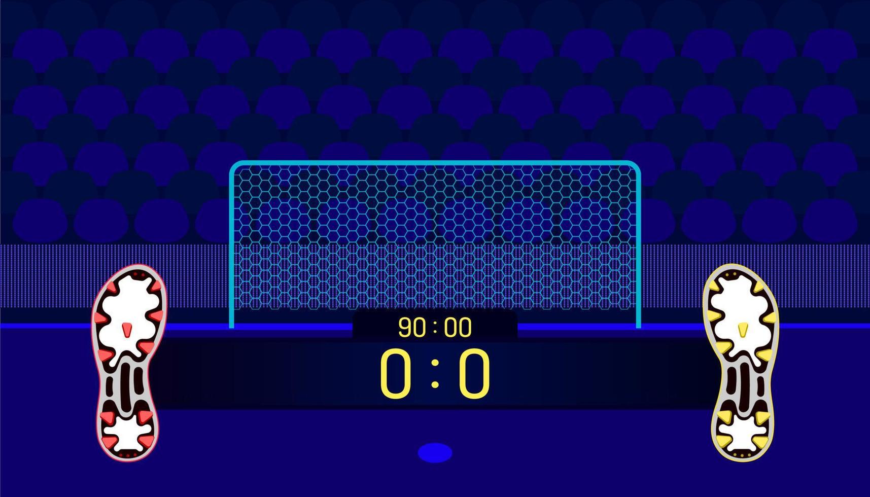 The bar shows the score and time of each team. with both studs in different colors In the background are the gates and the seats of the supporters. vector illustration eps10